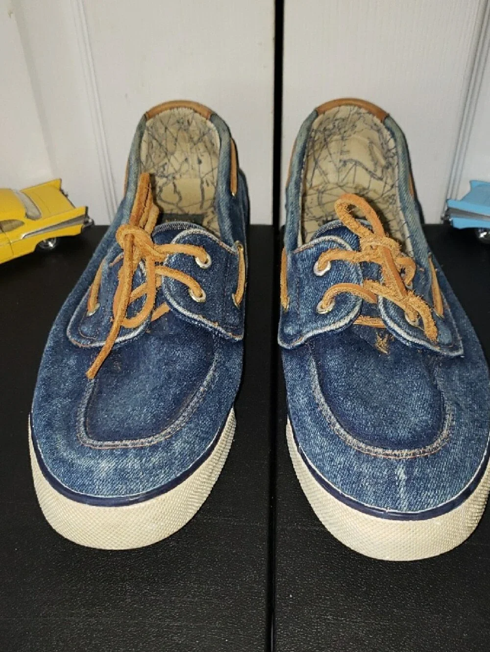 Nautica Men’s Denim-Style Boat Shoes in Blue with Tan Laces